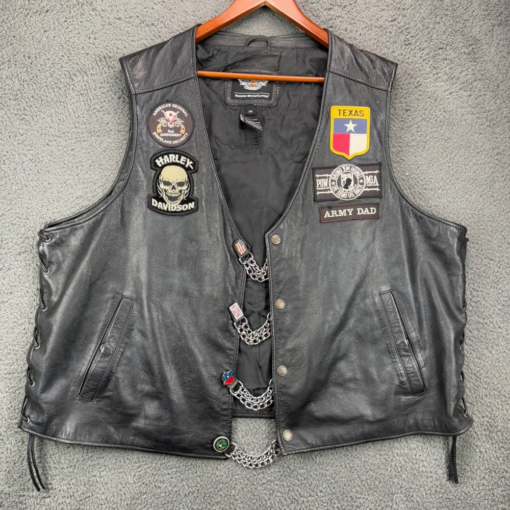 Harley Davidson Mens 3XL Leather Biker Vest Patches Chains Death Before Dishonor